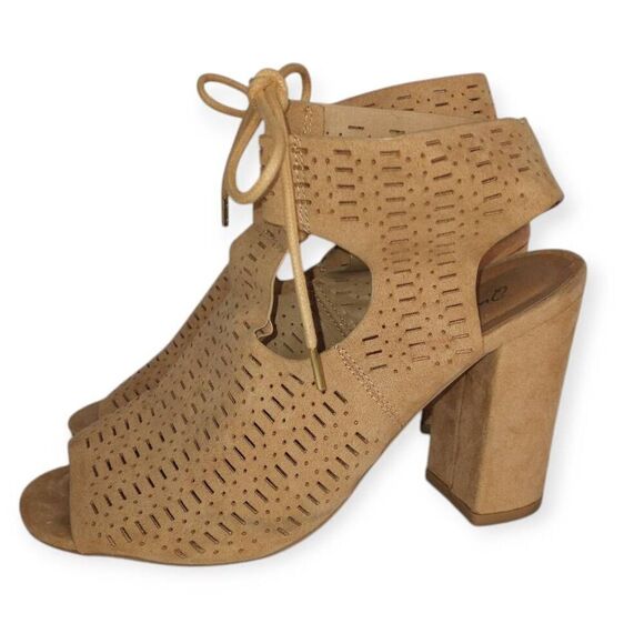 QUPID TAN OPEN TOE BLOCK HEELS BOOTIES SZ.7.5 EUC. - Picture 2 of 9